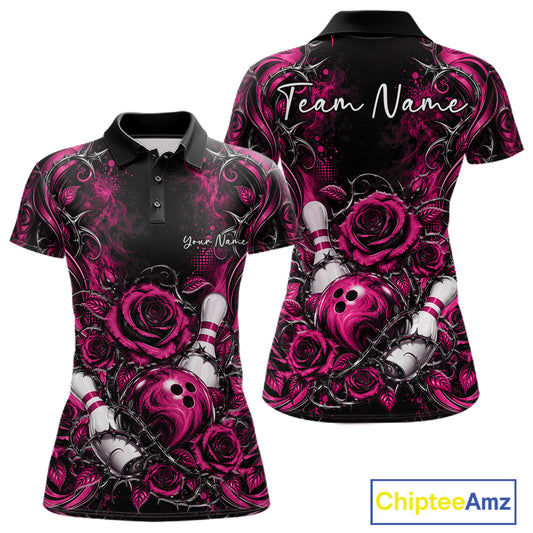 Personalized Pink Roses Bowling Team Jersey, Flower Bowling Women Polo Shirt Bowler Gift IPHW12235