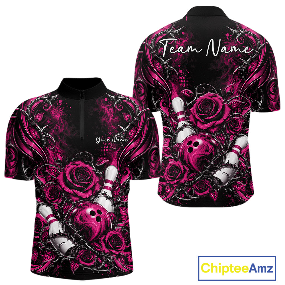 Personalized Pink Roses Bowling Team Jersey, Flower Bowling Men Quarter Zip Shirt Bowler Gift IPHW12235