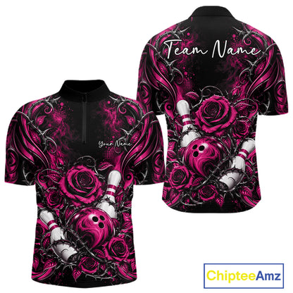 Personalized Pink Roses Bowling Team Jersey, Flower Bowling Men Quarter Zip Shirt Bowler Gift IPHW12235