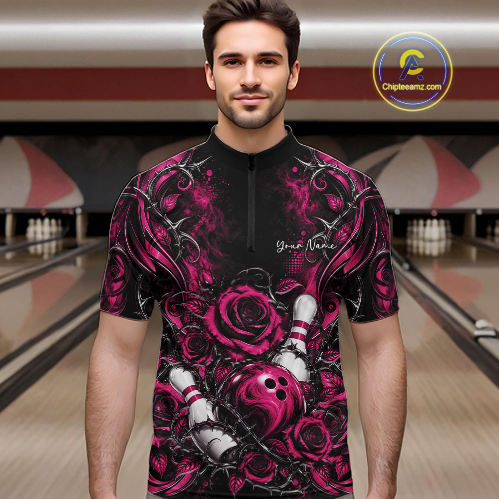 Personalized Pink Roses Bowling Team Jersey, Flower Bowling Men Quarter Zip Shirt Bowler Gift IPHW12235