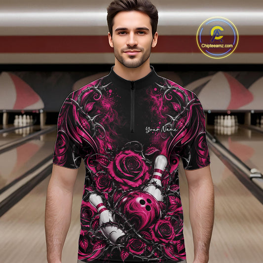 Personalized Pink Roses Bowling Team Jersey, Flower Bowling Men Quarter Zip Shirt Bowler Gift IPHW12235