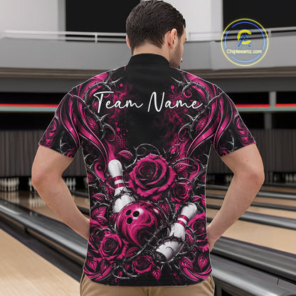 Personalized Pink Roses Bowling Team Jersey, Flower Bowling Men Quarter Zip Shirt Bowler Gift IPHW12235