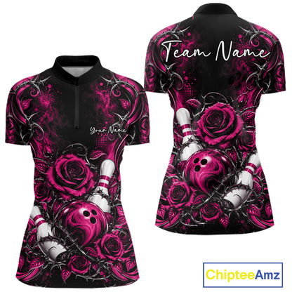Personalized Pink Roses Bowling Jersey, Flower Bowling Women Quarter-Zip Shirt IPHW12235