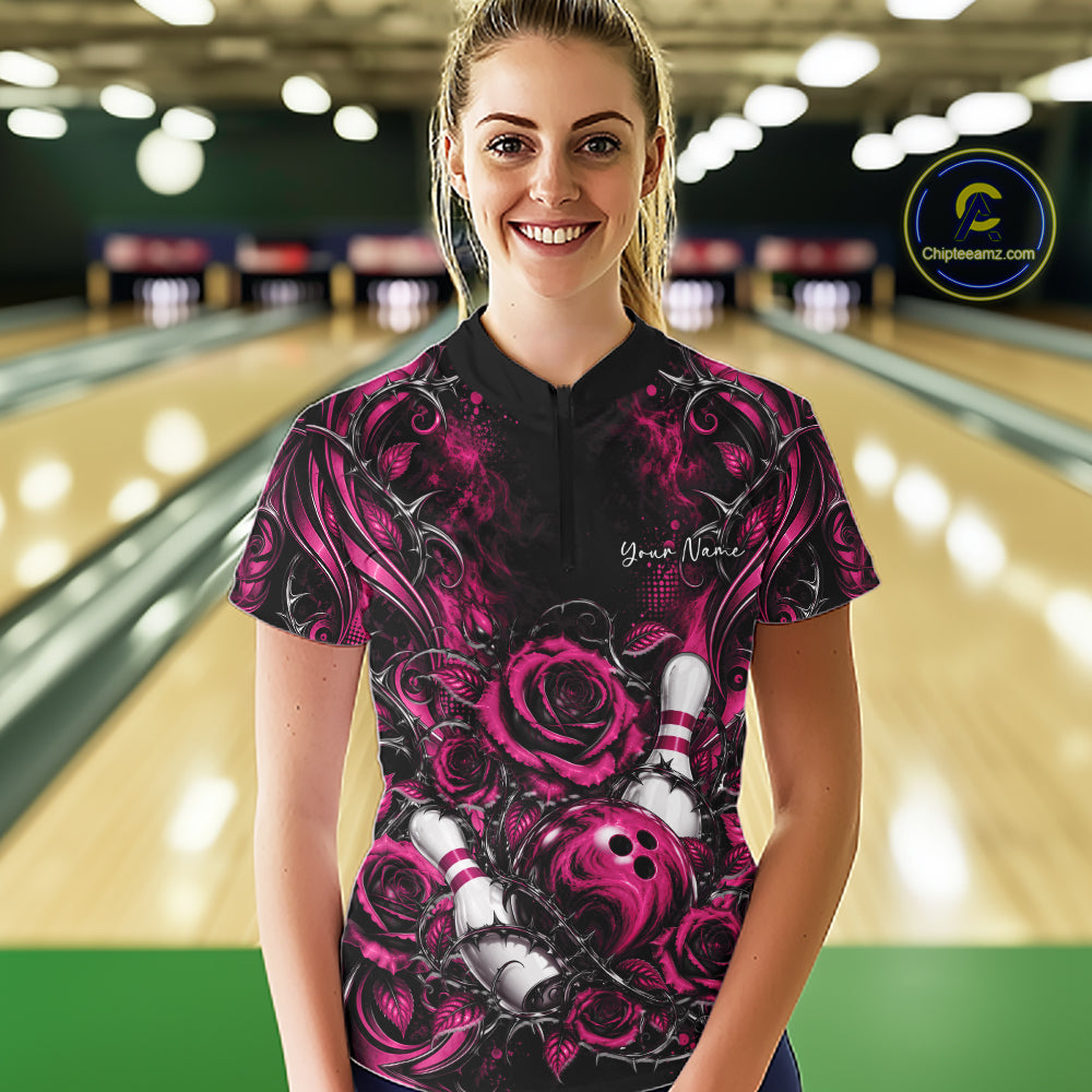 Personalized Pink Roses Bowling Jersey, Flower Bowling Women Quarter-Zip Shirt IPHW12235