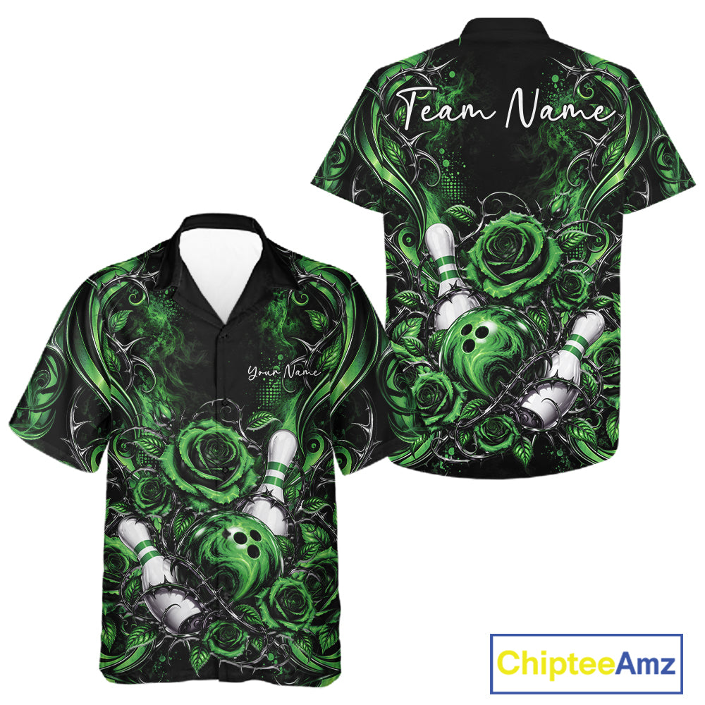Personalized Green Roses Bowling Team Jersey, Flower Bowling Men And Women Button Up Shirt Bowler Gift IPHW12236