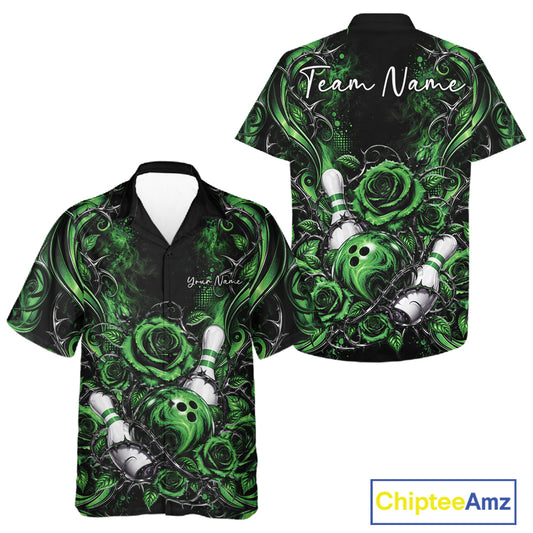 Personalized Green Roses Bowling Team Jersey, Flower Bowling Men And Women Button Up Shirt Bowler Gift IPHW12236