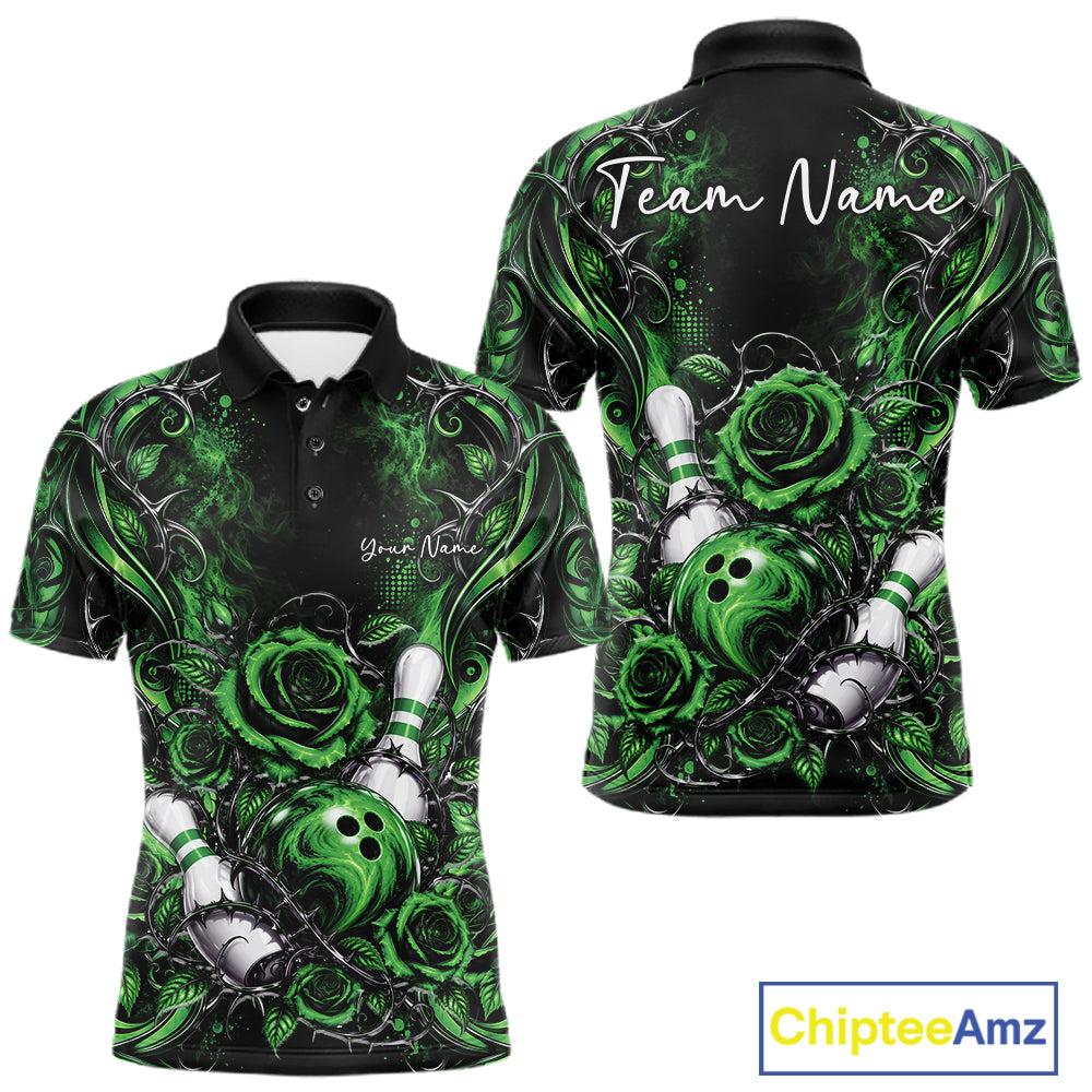 Personalized Green Roses Bowling Team Jersey, Flower Bowling Men Polo Shirt Bowler Gift IPHW12236