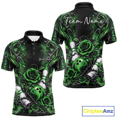 Personalized Green Roses Bowling Team Jersey, Flower Bowling Men Polo Shirt Bowler Gift IPHW12236