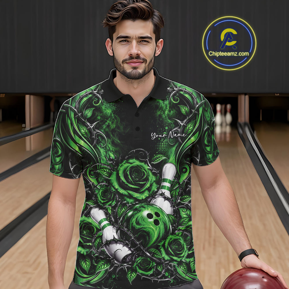 Personalized Green Roses Bowling Team Jersey, Flower Bowling Men Polo Shirt Bowler Gift IPHW12236