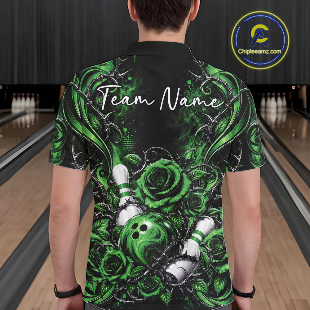 Personalized Green Roses Bowling Team Jersey, Flower Bowling Men Polo Shirt Bowler Gift IPHW12236