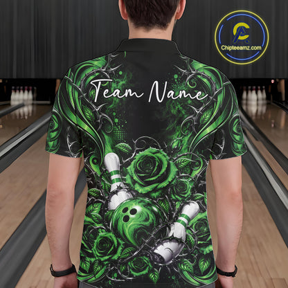 Personalized Green Roses Bowling Team Jersey, Flower Bowling Men Polo Shirt Bowler Gift IPHW12236