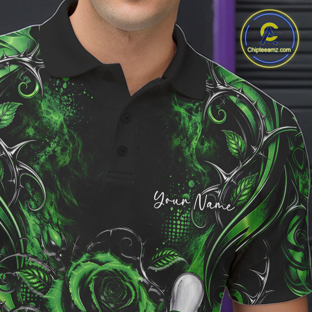 Personalized Green Roses Bowling Team Jersey, Flower Bowling Men Polo Shirt Bowler Gift IPHW12236