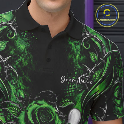 Personalized Green Roses Bowling Team Jersey, Flower Bowling Men Polo Shirt Bowler Gift IPHW12236