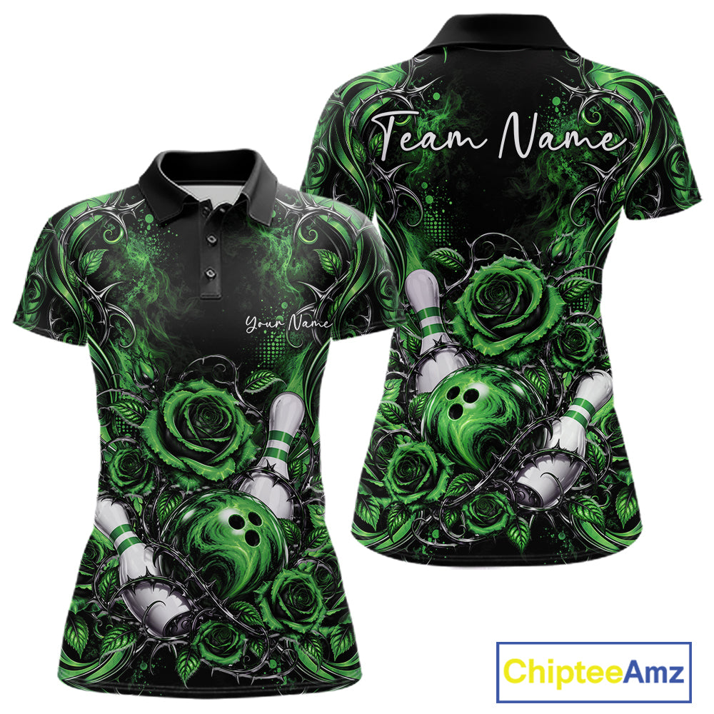 Personalized Green Roses Bowling Team Jersey, Flower Bowling Women Polo Shirt Bowler Gift IPHW12236
