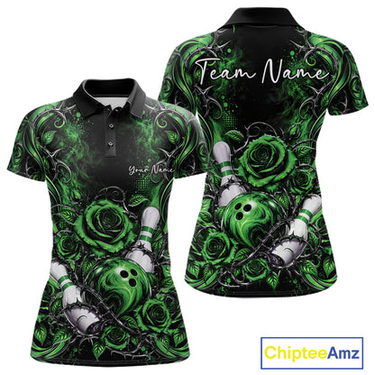 Personalized Green Roses Bowling Team Jersey, Flower Bowling Women Polo Shirt Bowler Gift IPHW12236