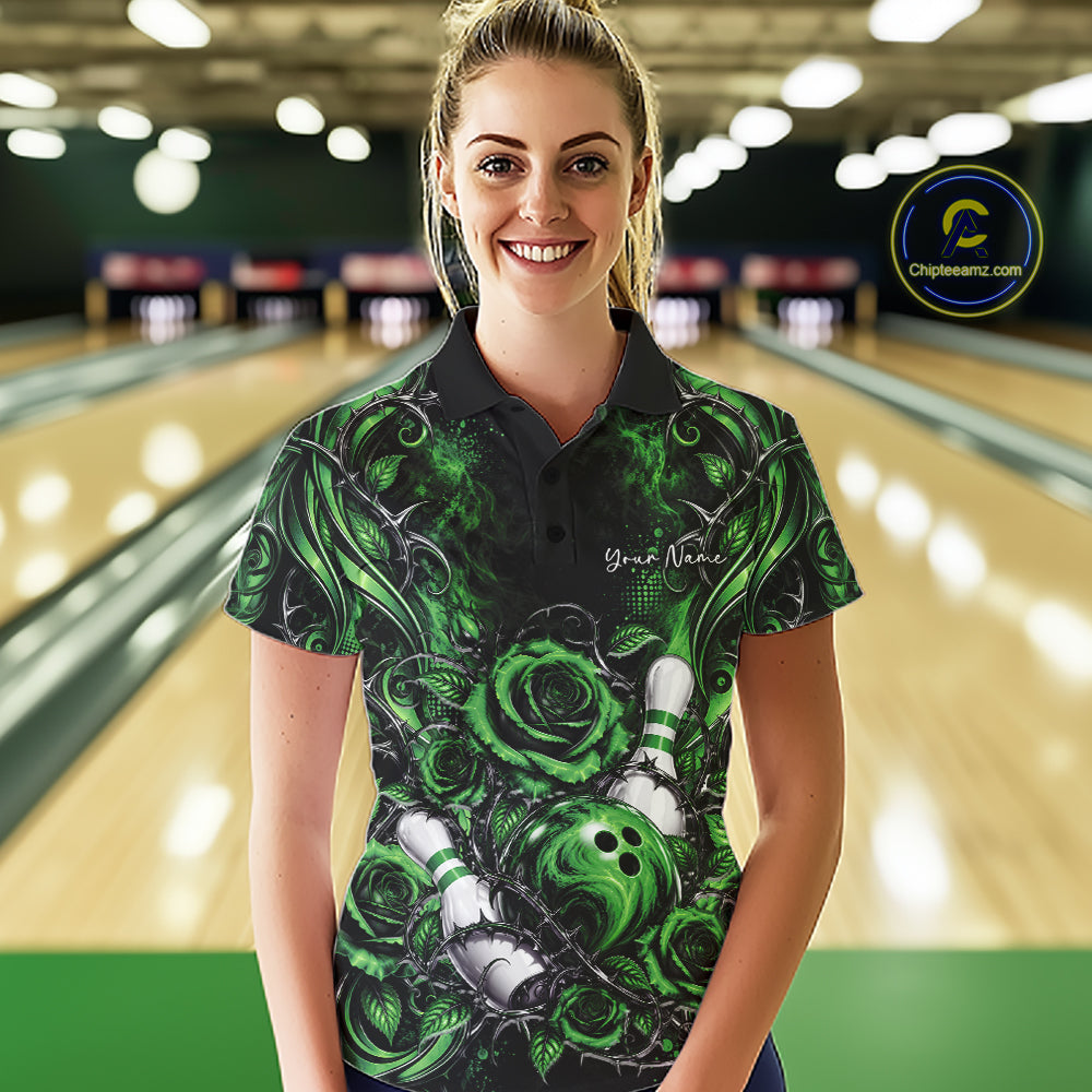 Personalized Green Roses Bowling Team Jersey, Flower Bowling Women Polo Shirt Bowler Gift IPHW12236