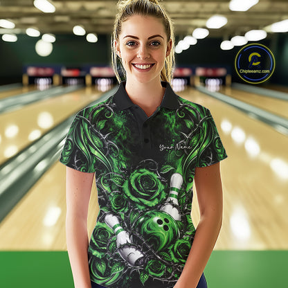 Personalized Green Roses Bowling Team Jersey, Flower Bowling Women Polo Shirt Bowler Gift IPHW12236
