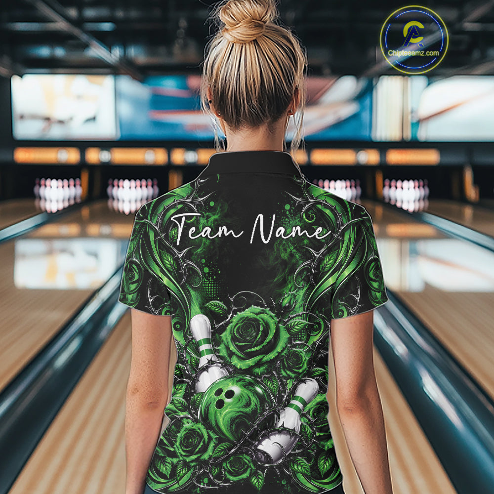 Personalized Green Roses Bowling Team Jersey, Flower Bowling Women Polo Shirt Bowler Gift IPHW12236