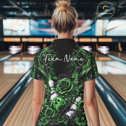 Personalized Green Roses Bowling Team Jersey, Flower Bowling Women Polo Shirt Bowler Gift IPHW12236