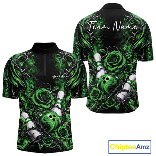 Personalized Green Roses Bowling Team Jersey, Flower Bowling Men Quarter Zip Shirt Bowler Gift IPHW12236