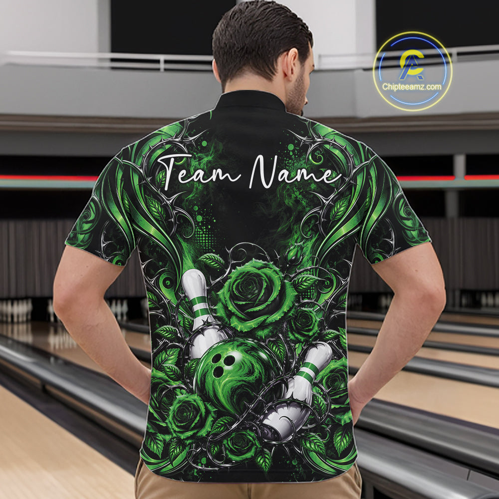 Personalized Green Roses Bowling Team Jersey, Flower Bowling Men Quarter Zip Shirt Bowler Gift IPHW12236