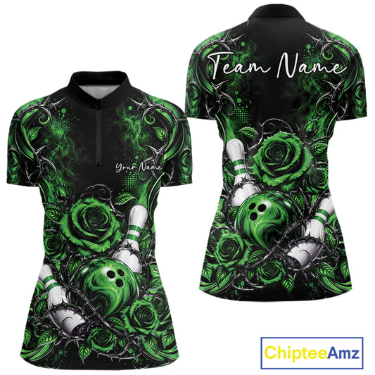 Personalized Green Roses Bowling Jersey, Flower Bowling Women Quarter-Zip Shirt IPHW12236