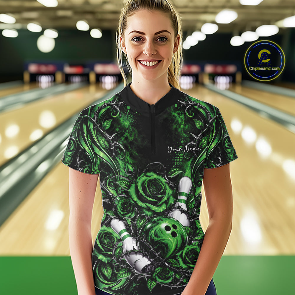 Personalized Green Roses Bowling Jersey, Flower Bowling Women Quarter-Zip Shirt IPHW12236