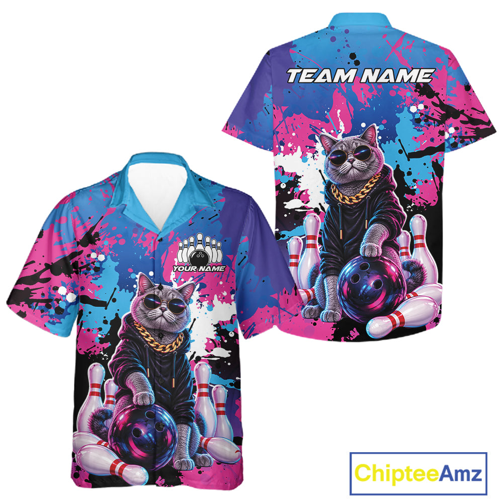 Custom Colorful Splatter Funny Cool Cat Bowling Team Men And Women Button Up Shirt, Bowling Club Outfit IPHW12241