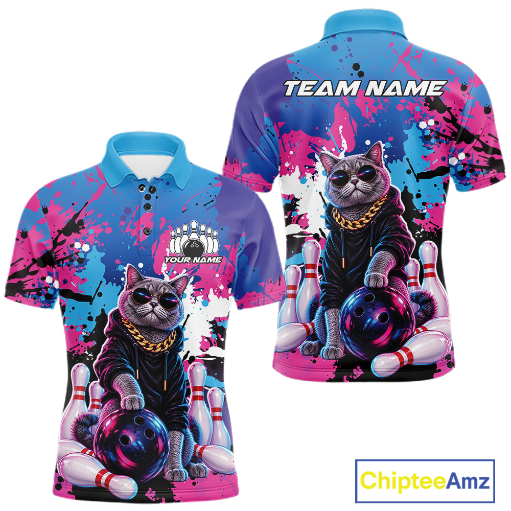 Custom Colorful Splatter Funny Cool Cat Bowling Team Men Polo Shirt, Bowling Club Outfit IPHW12241