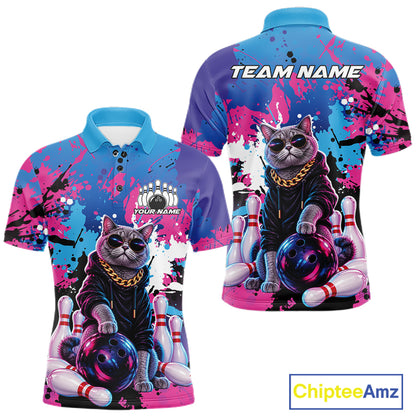 Custom Colorful Splatter Funny Cool Cat Bowling Team Men Polo Shirt, Bowling Club Outfit IPHW12241