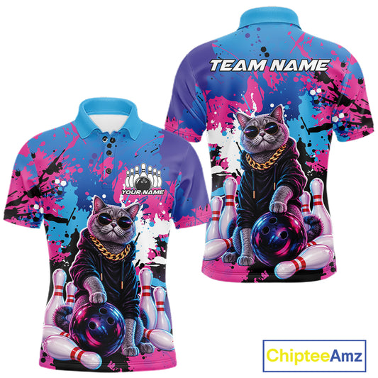Custom Colorful Splatter Funny Cool Cat Bowling Team Men Polo Shirt, Bowling Club Outfit IPHW12241