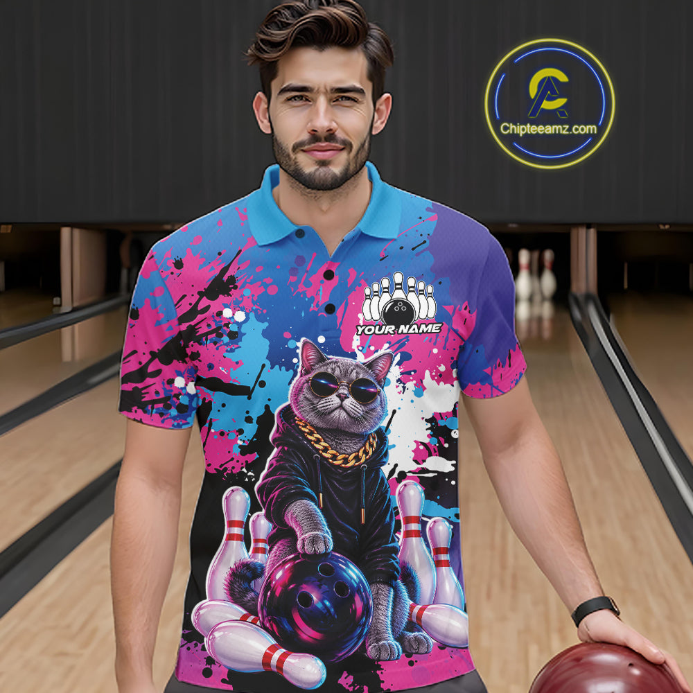 Custom Colorful Splatter Funny Cool Cat Bowling Team Men Polo Shirt, Bowling Club Outfit IPHW12241