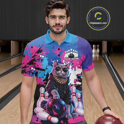 Custom Colorful Splatter Funny Cool Cat Bowling Team Men Polo Shirt, Bowling Club Outfit IPHW12241