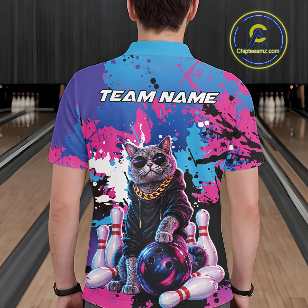 Custom Colorful Splatter Funny Cool Cat Bowling Team Men Polo Shirt, Bowling Club Outfit IPHW12241