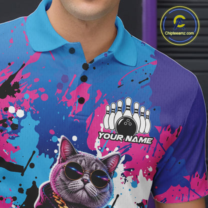 Custom Colorful Splatter Funny Cool Cat Bowling Team Men Polo Shirt, Bowling Club Outfit IPHW12241