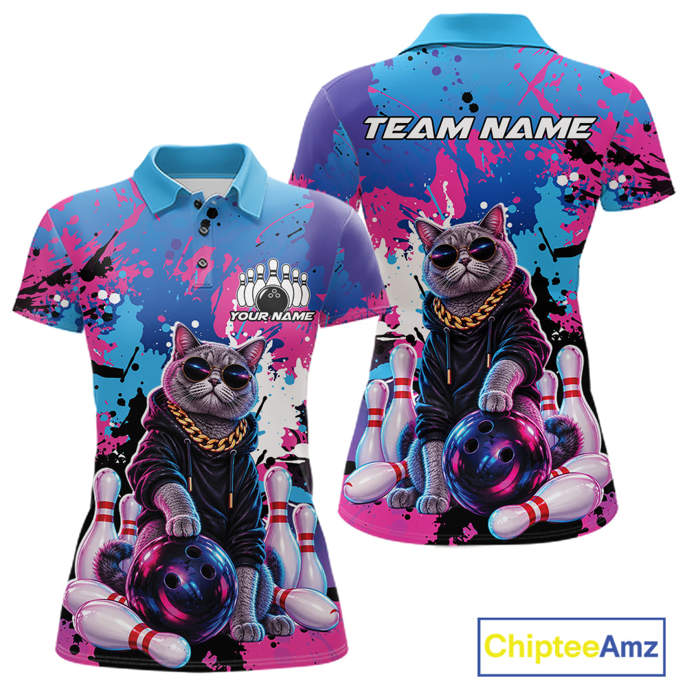 Custom Colorful Splatter Funny Cool Cat Bowling Team Women Polo Shirt, Bowling Club Outfit IPHW12241