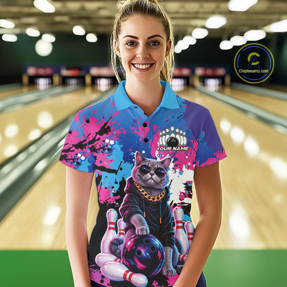 Custom Colorful Splatter Funny Cool Cat Bowling Team Women Polo Shirt, Bowling Club Outfit IPHW12241