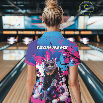 Custom Colorful Splatter Funny Cool Cat Bowling Team Women Polo Shirt, Bowling Club Outfit IPHW12241