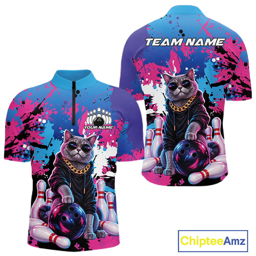 Custom Colorful Splatter Funny Cool Cat Bowling Team Men Quarter Zip Shirt, Bowling Club Outfit IPHW12241