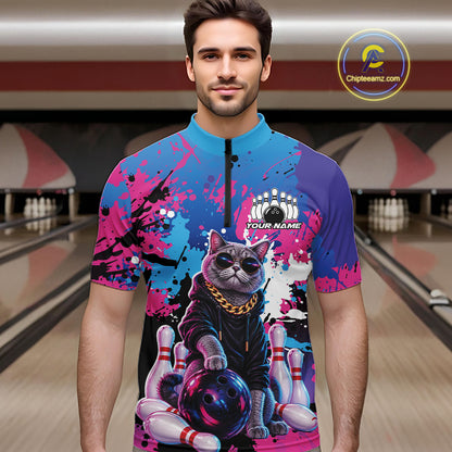 Custom Colorful Splatter Funny Cool Cat Bowling Team Men Quarter Zip Shirt, Bowling Club Outfit IPHW12241