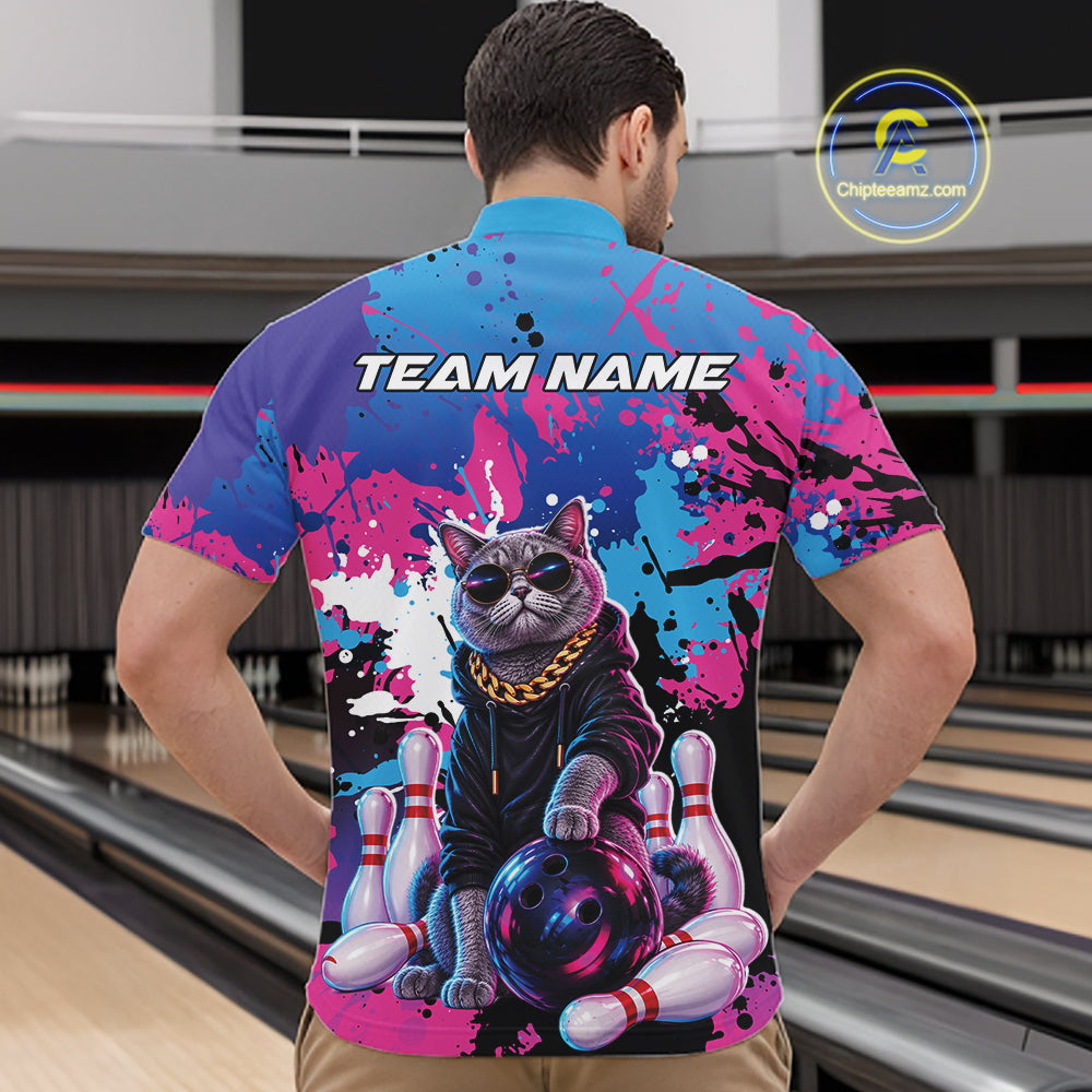 Custom Colorful Splatter Funny Cool Cat Bowling Team Men Quarter Zip Shirt, Bowling Club Outfit IPHW12241