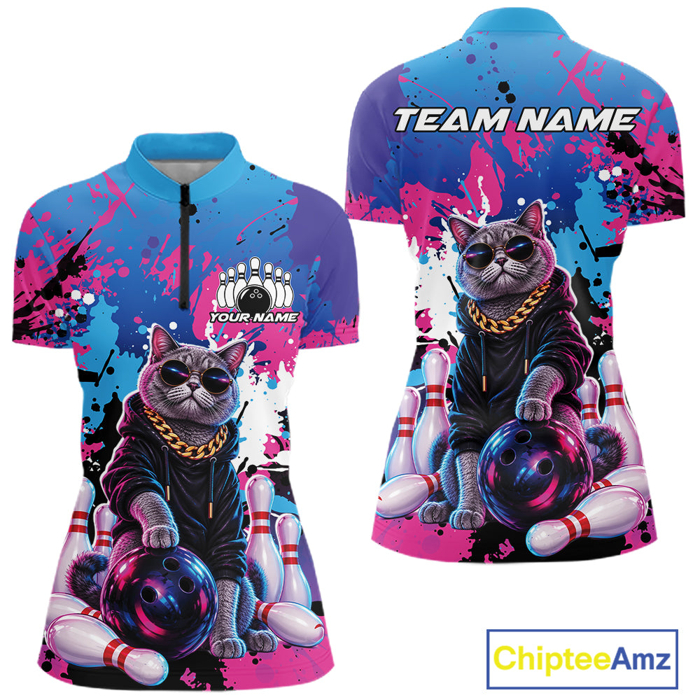 Custom Colorful Splatter Funny Cool Cat Bowling Women Quarter-Zip Shirt, Bowling Outfit IPHW12241