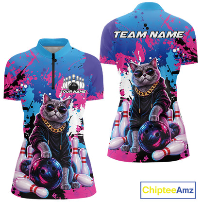Custom Colorful Splatter Funny Cool Cat Bowling Women Quarter-Zip Shirt, Bowling Outfit IPHW12241