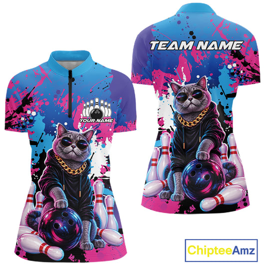 Custom Colorful Splatter Funny Cool Cat Bowling Women Quarter-Zip Shirt, Bowling Outfit IPHW12241