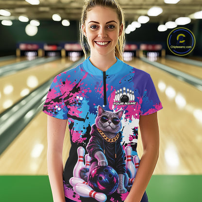 Custom Colorful Splatter Funny Cool Cat Bowling Women Quarter-Zip Shirt, Bowling Outfit IPHW12241