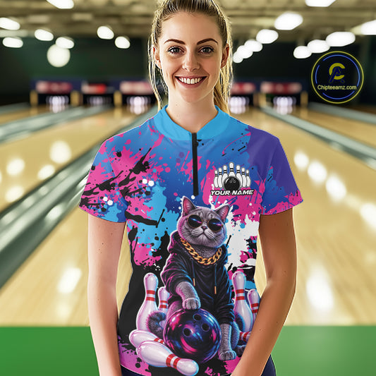 Custom Colorful Splatter Funny Cool Cat Bowling Women Quarter-Zip Shirt, Bowling Outfit IPHW12241