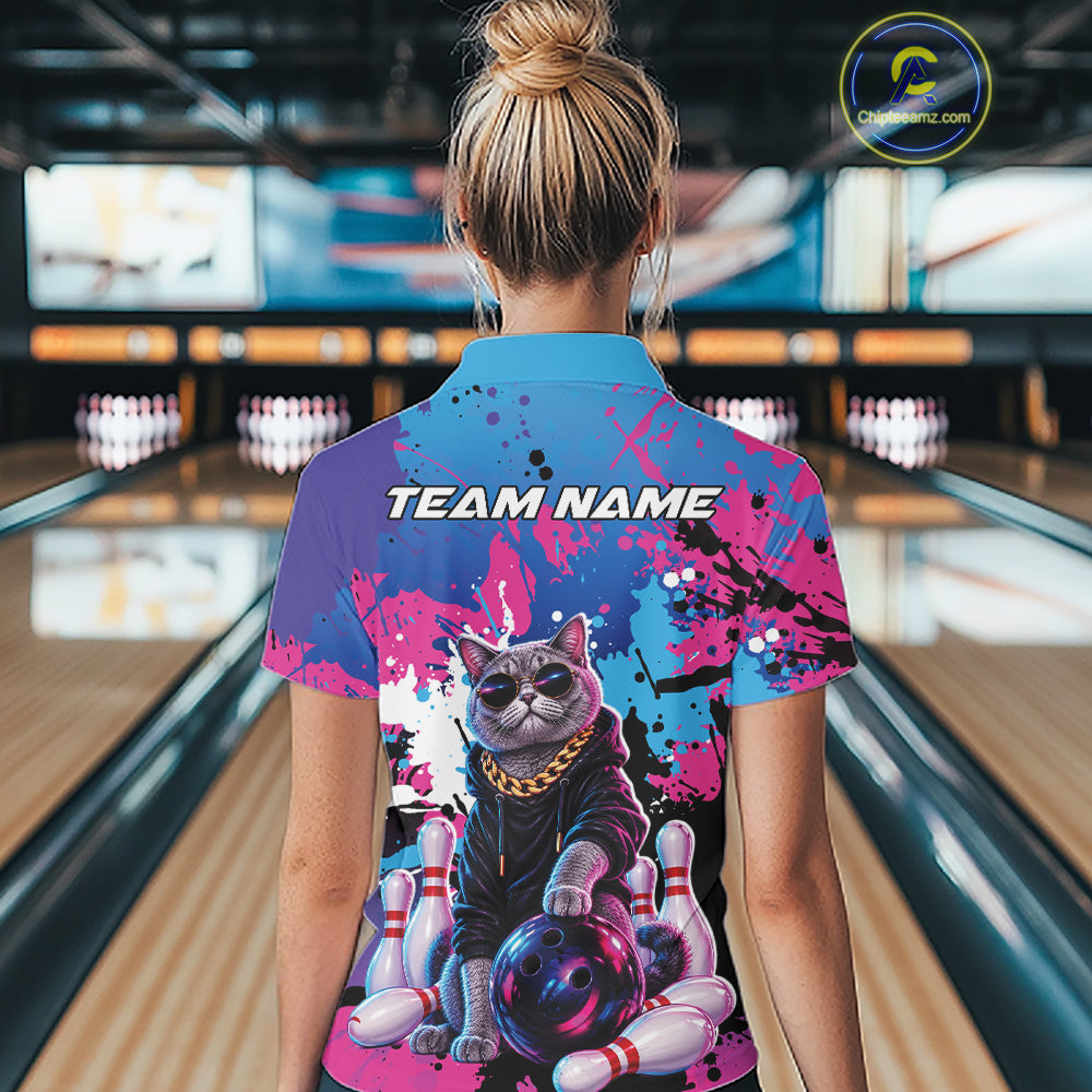 Custom Colorful Splatter Funny Cool Cat Bowling Women Quarter-Zip Shirt, Bowling Outfit IPHW12241