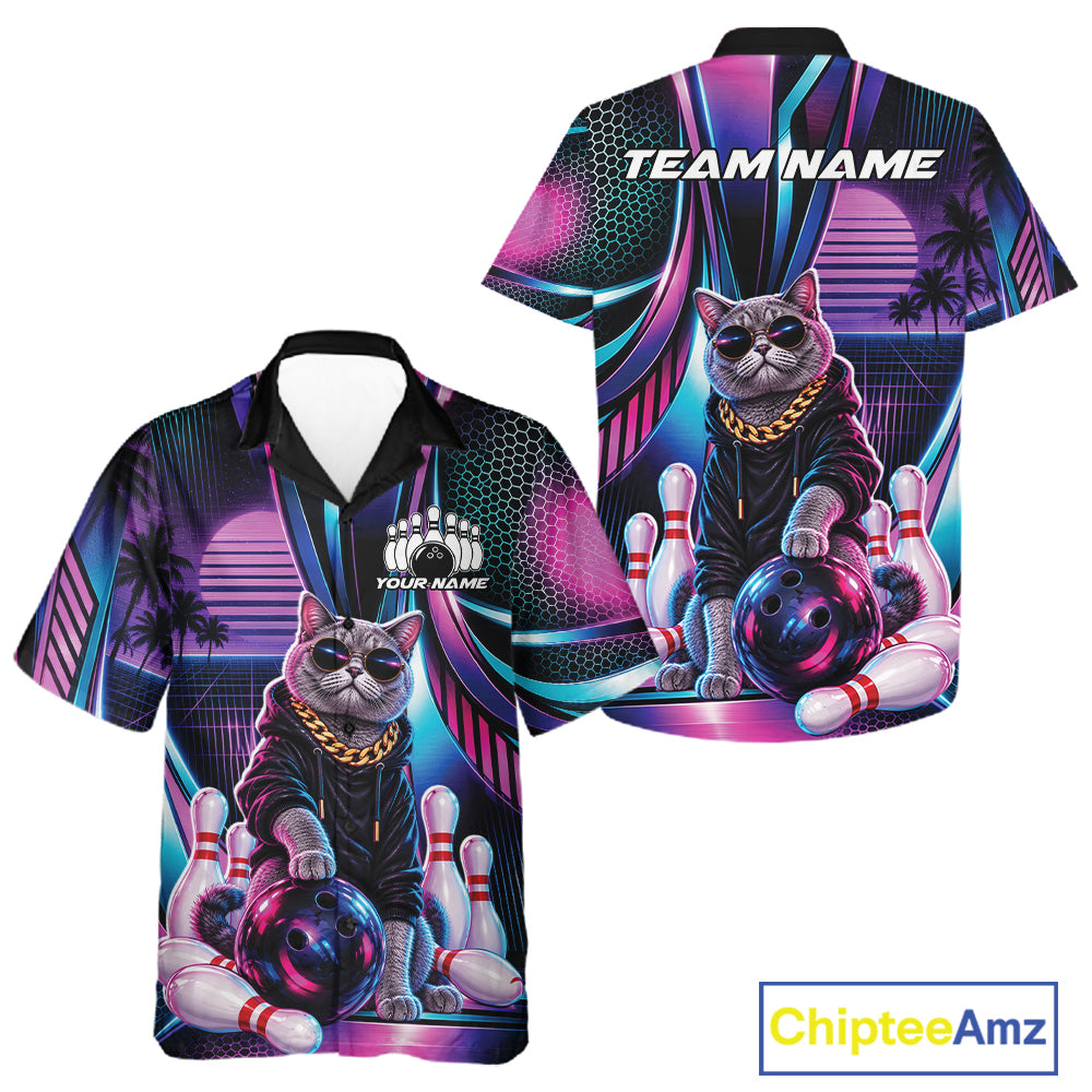 Custom Neon Funny Cat Bowling Team Men And Women Button Up Shirt, Retro Cat Lovers Gift For Bowlers IPHW12242