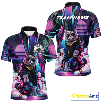 Custom Neon Funny Cat Bowling Team Men Polo Shirt, Retro Cat Lovers Gift For Bowlers IPHW12242