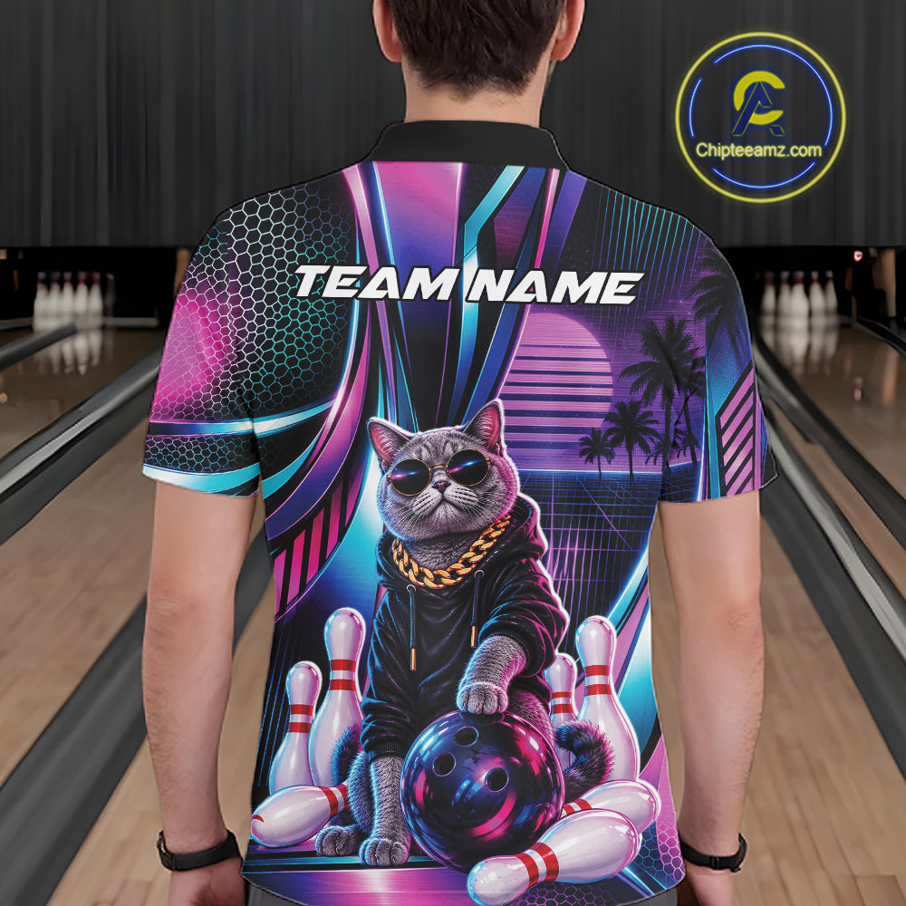 Custom Neon Funny Cat Bowling Team Men Polo Shirt, Retro Cat Lovers Gift For Bowlers IPHW12242